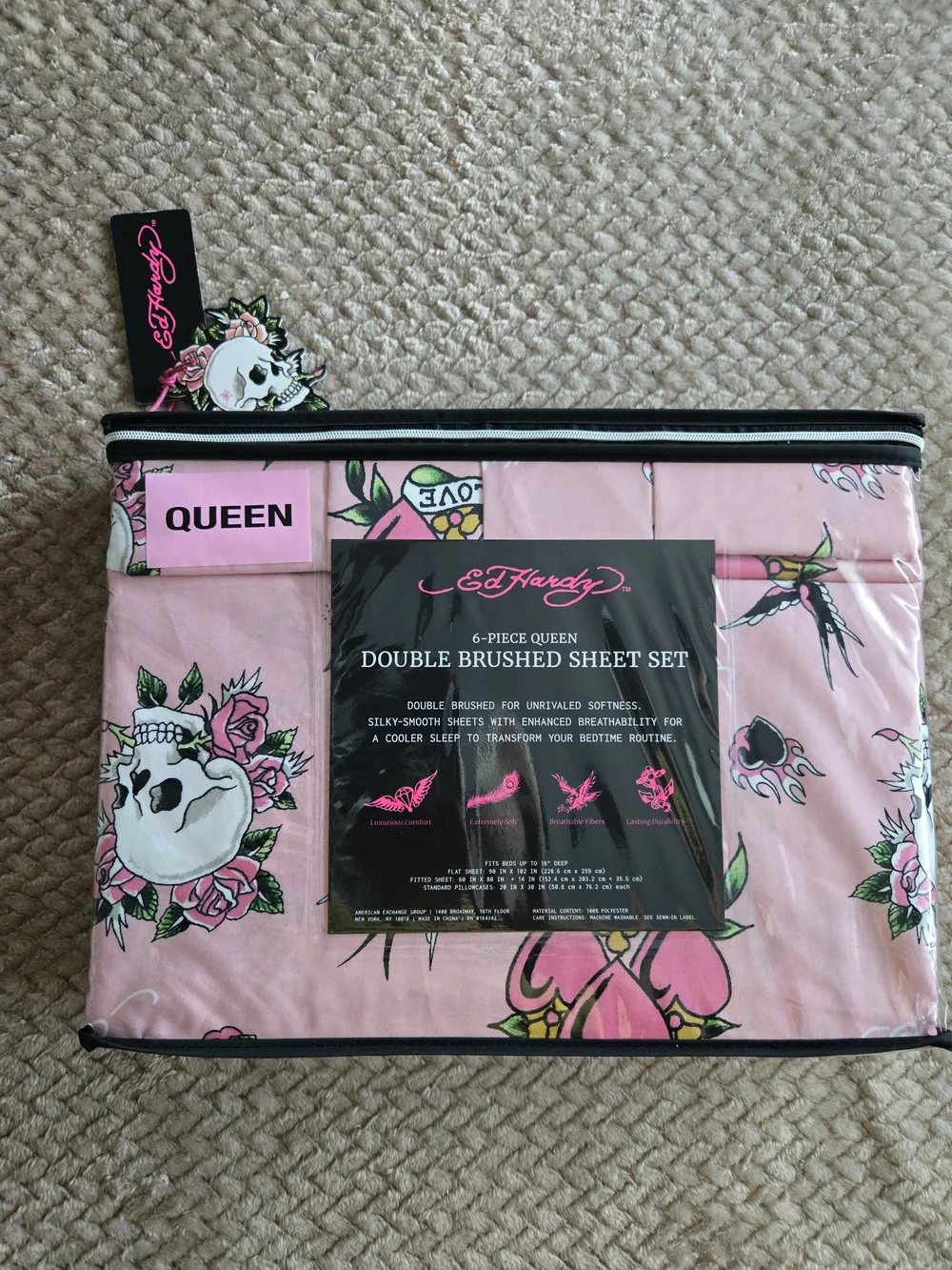 Ed Hardy Queen 6 Piece Pink Skull Rose Tattoo Sheet Set